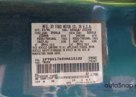 1997 Ford F-150 Lariat/Standard/Xl/Xlt z USA, uszkodzony, nr VIN 1FTDX1760VNA15122